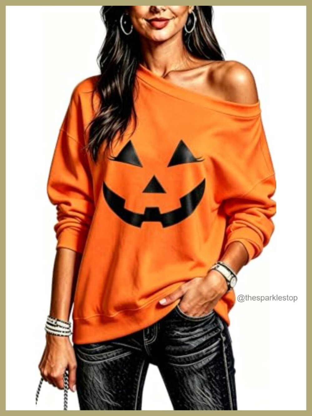 Off Shoulder Slouchy Halloween Sweatshirt Pumpkin Graphic Pullover
